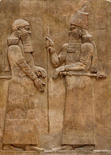 Sargon II and dignitary fca716-713bce from L wall at dur sharrukin louvre AO 19873 and AO 19874 photo by jastrow 2006a3